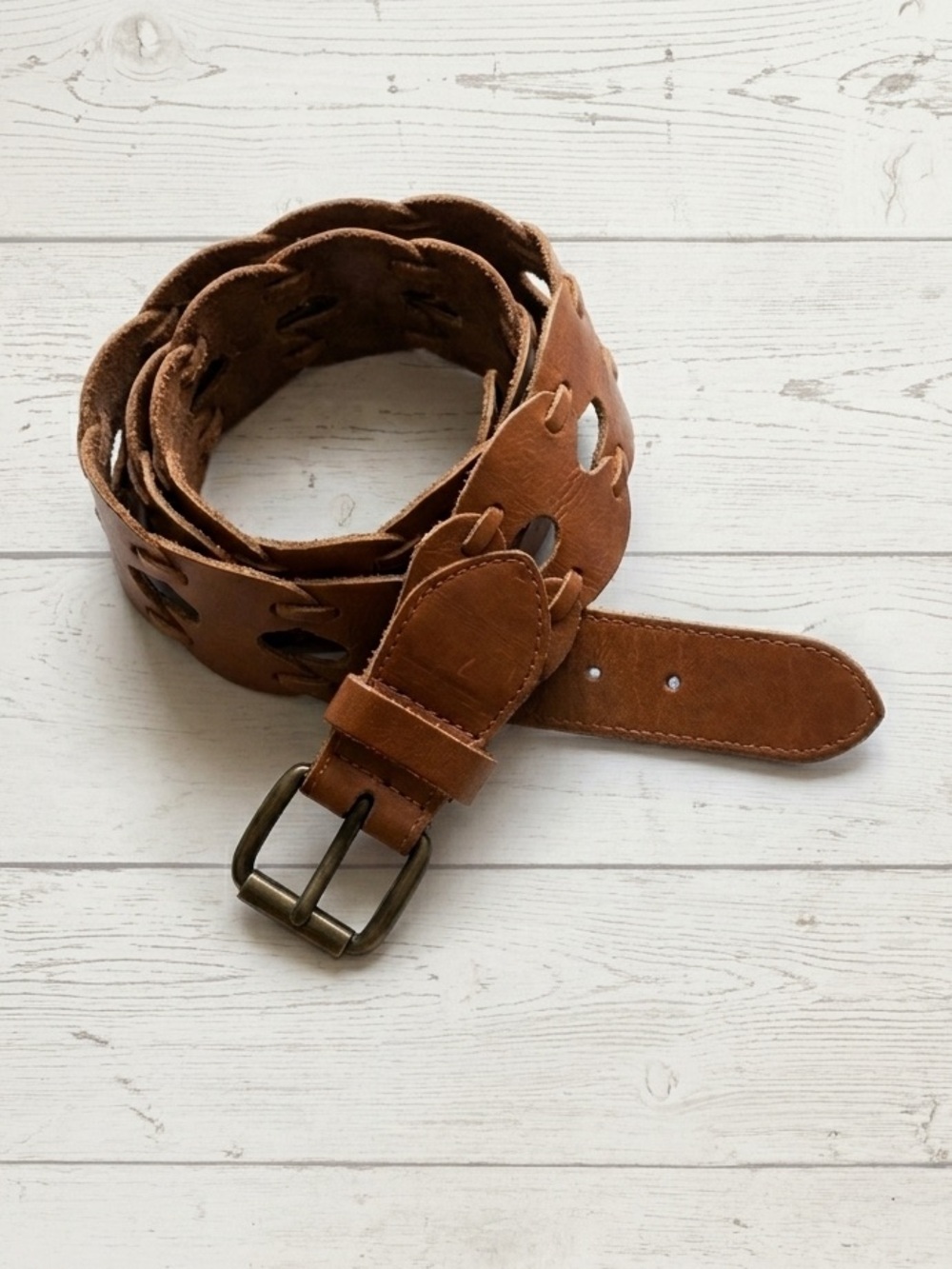 Boho Scalloped Genuine Leather Belt Brown Woven Vintage Western Festival Rodeo